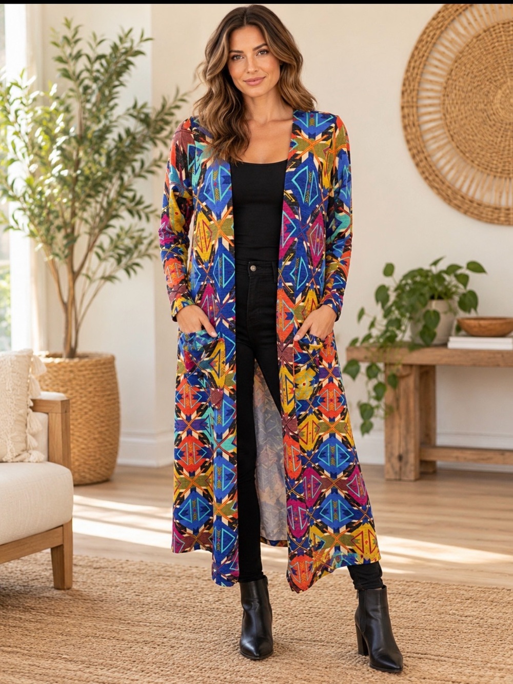 Boho Geometric Long Cardigan Sweater - Multicolorsize small